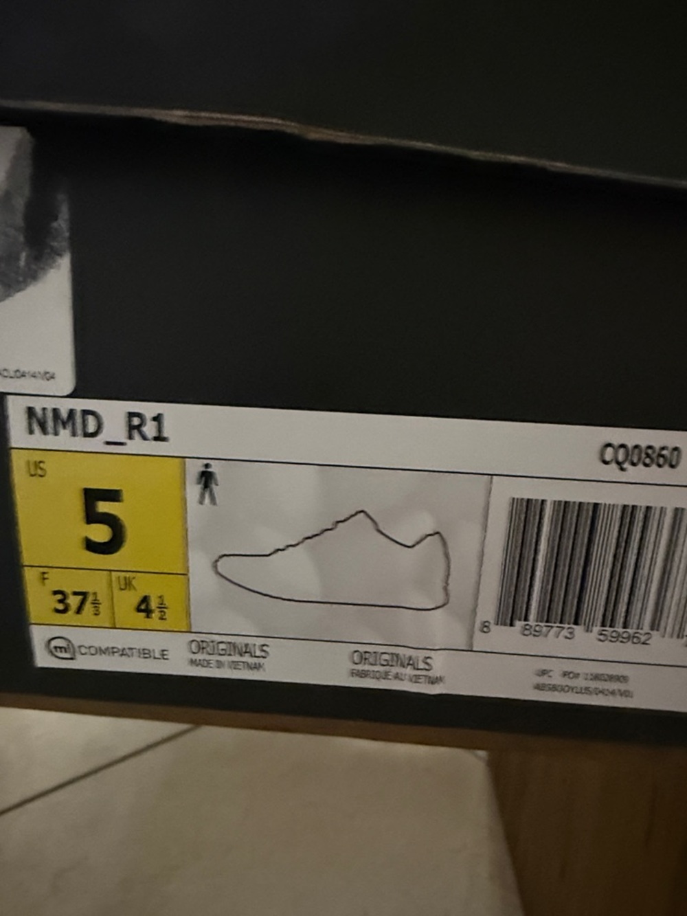 adidas Black NMD_R1 Shoe Box with Yellow Size Label